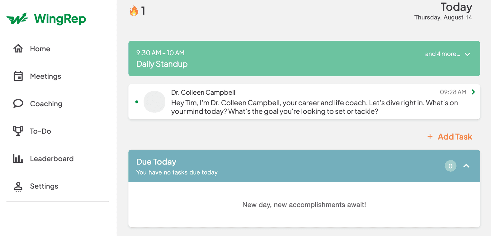WingRep — the daily Home view with the AI coach, agenda, and tasks