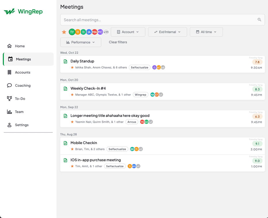 WingRep — the Meetings dashboard with per-meeting performance scores, filters, and attendees