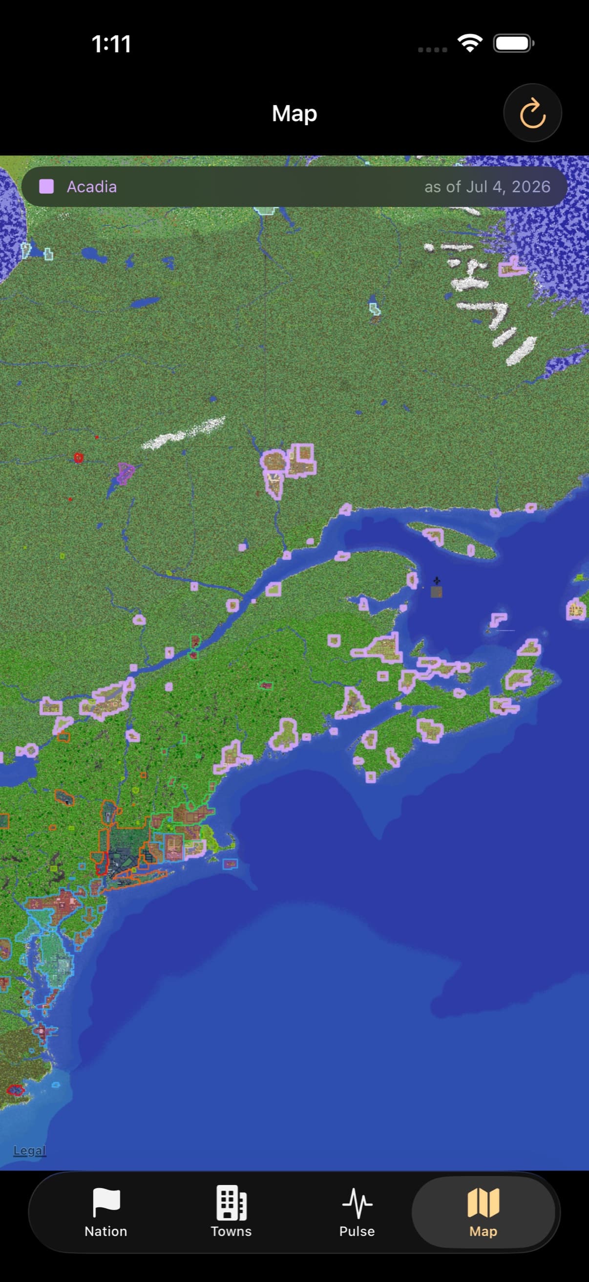 Acadia — the live claims Map tab, with Acadia's territory highlighted