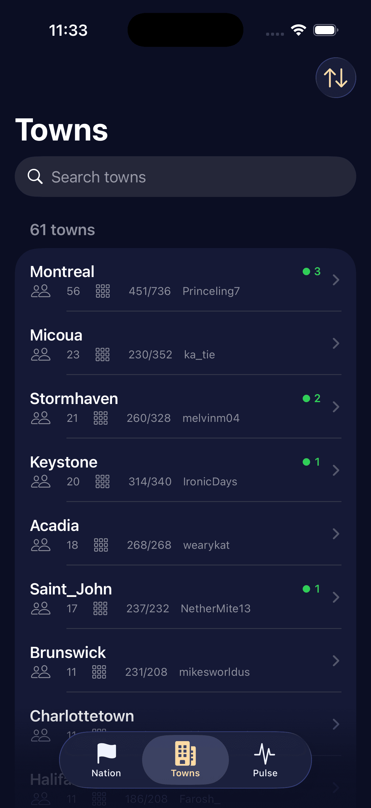 Acadia — the sortable Towns directory with per-town online counts