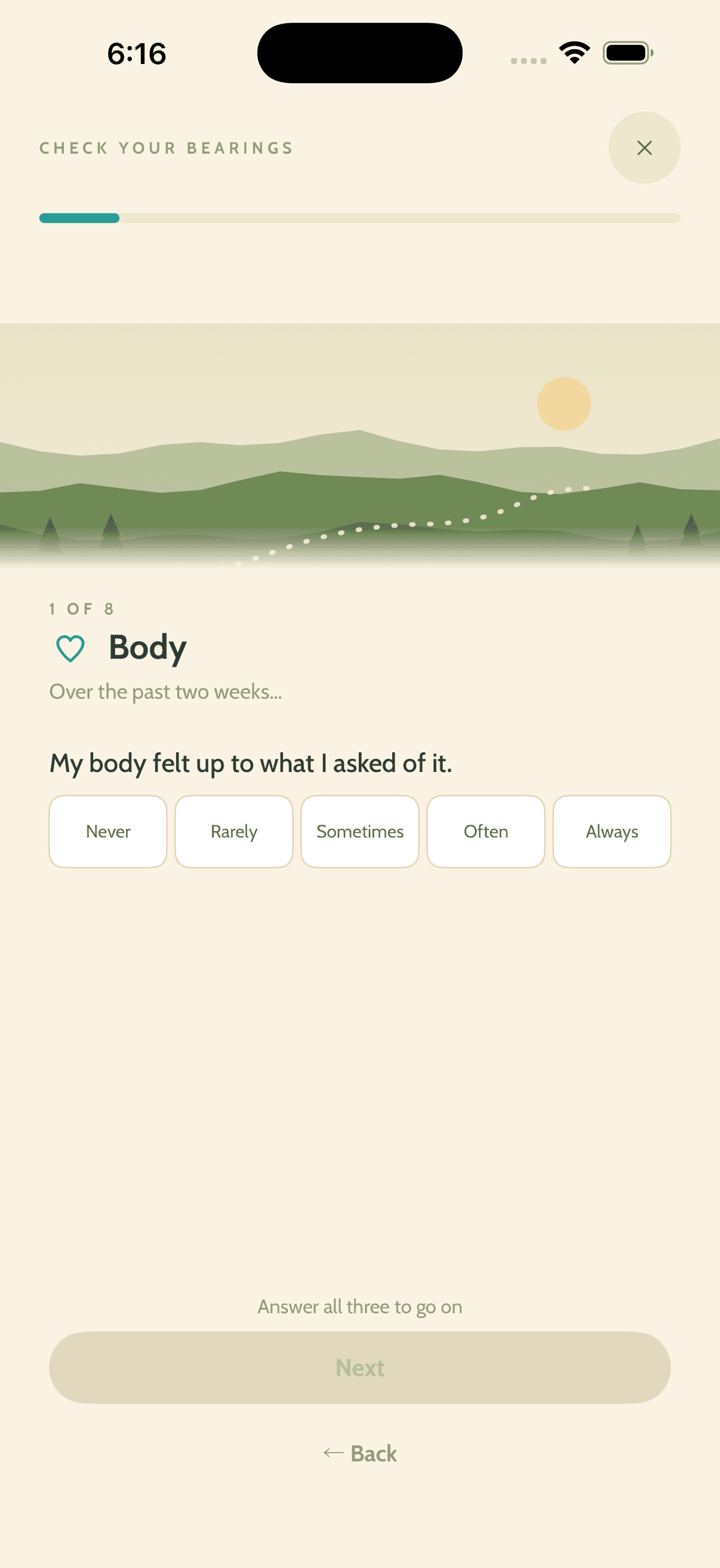 Compass — a bearings check: twenty-four short questions, one page at a time