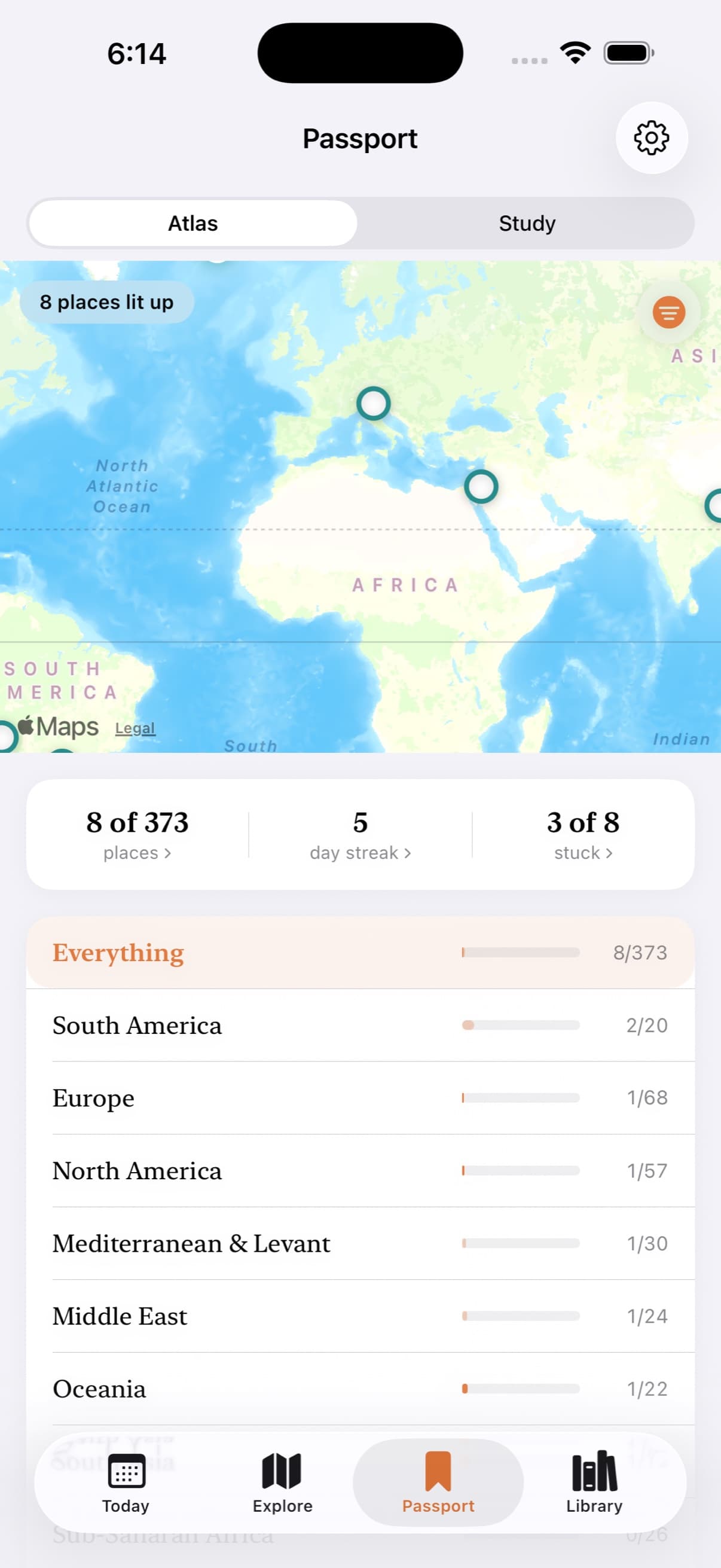 Everywhen — the Passport atlas filling in as you collect