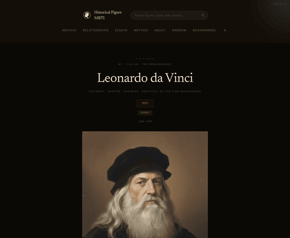 Historical Figure MBTI — a figure page with an AI-generated portrait, type, and era
