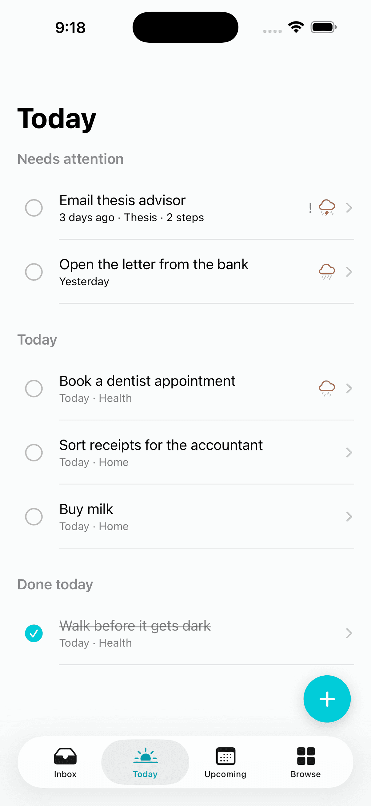 Untwine — the Today list, each task carrying a weather glyph for how hard it feels