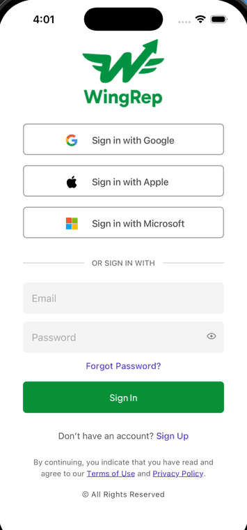 WingRep — the iOS app sign-in screen