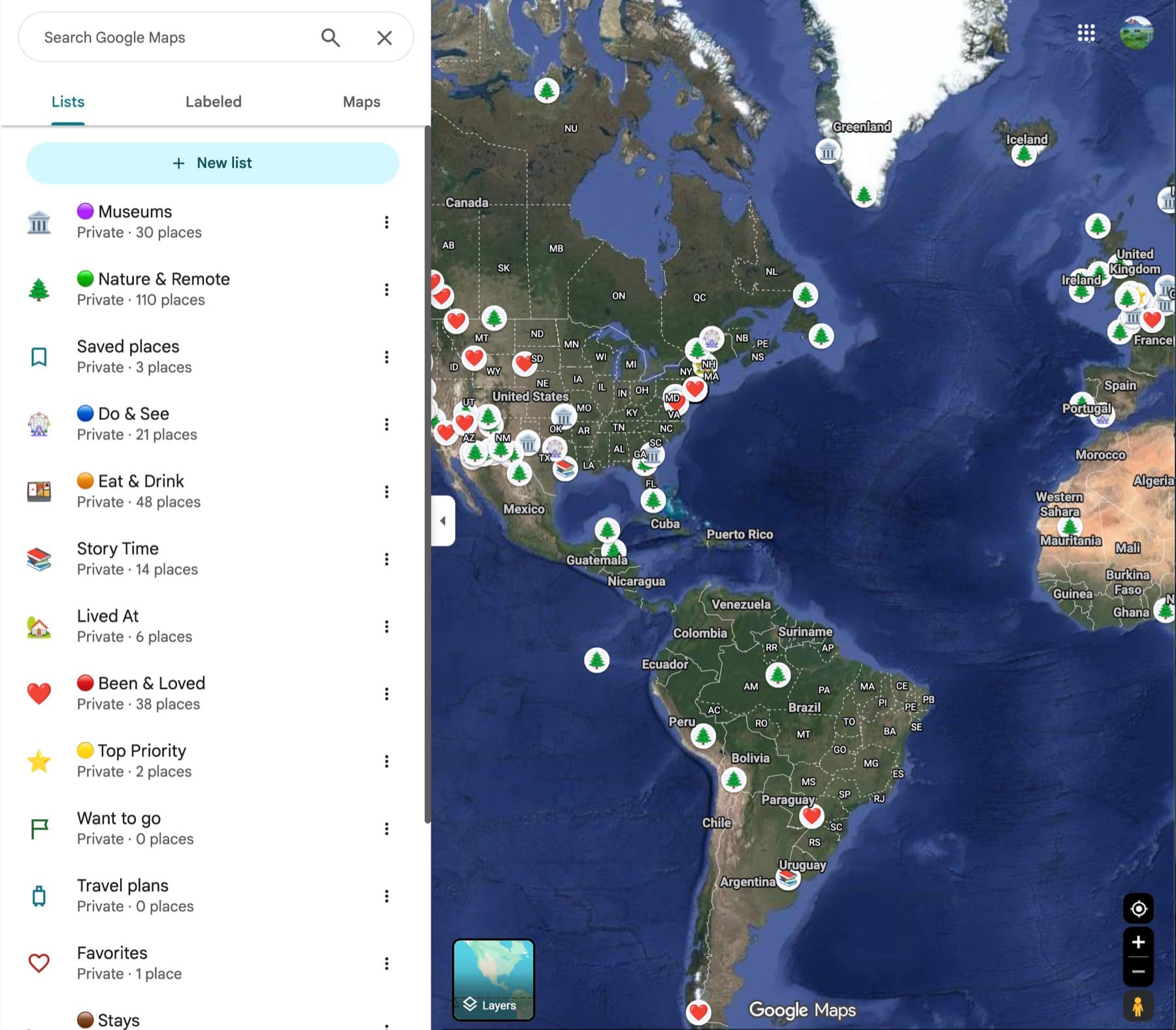 The Google Maps saved-places sidebar: hand-made lists with 110, 48 and 38 places, above Google's own Want to go and Travel plans lists, both empty.