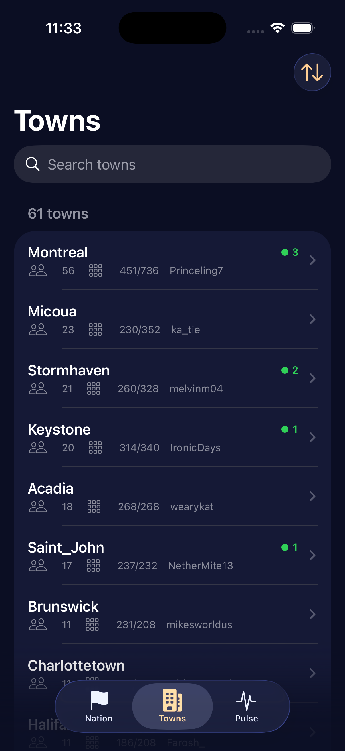 Acadia - the sortable Towns directory with per-town online counts